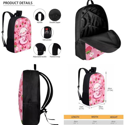 Axolotl Strawberry Kids Backpack Set Girls 3 PCS Kids Backpack with Lunch Bag Pen Bag Set Large Capacity Bookbag Casual Daypack Elementary School Boys and Girls - color: Cute Axolotl Strawberry