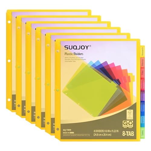 SUQJOY 8-Tab Dividers for 3 Ring Binder, 48 Count Binder Dividers with Pockets, Subject Dividers, 3-Hole Plastics Sheets Protectors for US Letter Size in 0.5", 1",2" Binders, Vibrant 8 Color, 6 Packs - size: 6 Pack