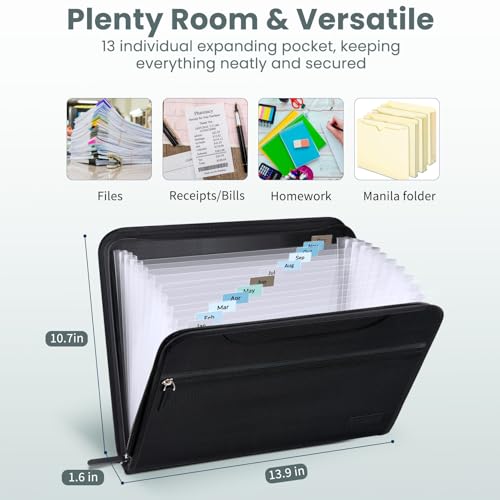 Sooez Heavy Duty Accordion File Organizer with Hidden Handle, Portable 12 Pockets Expanding File Folders, Cloth Monthly Bills Receipt Organizer for Letter/A4, School Classroom Home & Office Supplies | 12 Pockets, Expanding Important Document Folder, Cloth