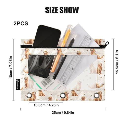 Golden Retriever Dog Binder Pouches 3 Ring for Boys Girls School Office College Supplies Cute Puppy Cats Kitty Pencil Pouches Case Bag with Clear Window and Zipper 2 Pack - color: Dogs