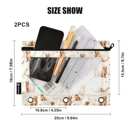 Golden Retriever Dog Binder Pouches 3 Ring for Boys Girls School Office College Supplies Cute Puppy Cats Kitty Pencil Pouches Case Bag with Clear Window and Zipper 2 Pack - color: Dogs