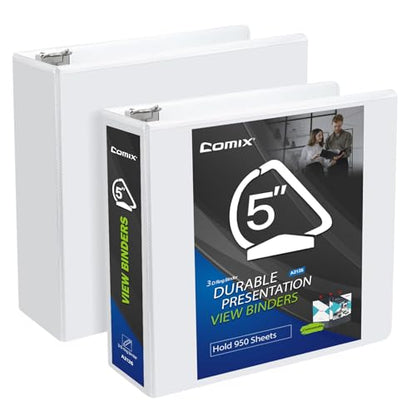 Comix Durable 3 Ring Binder, 5 inch D Ring Binders, Hold 950 Sheets of US Letter Size Paper, 2 Pack (White) - color: White, size: 5 Inch, style: 2 Pack