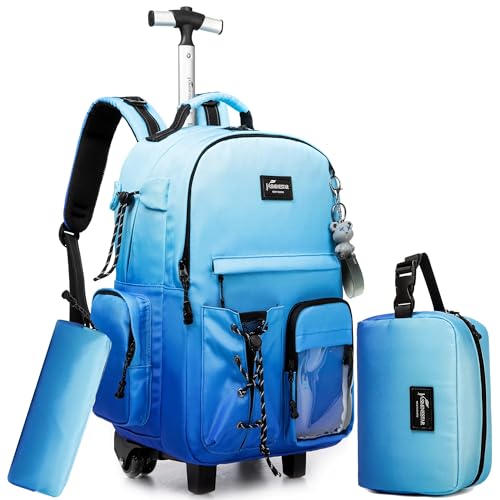 Rolling Backpack for Girls Backpack with Wheels for Teens Boys Kids Rolling Backpacks for Travel School Backpacks with Wheels for Teens with Lunch Box - color: Gradient Blue