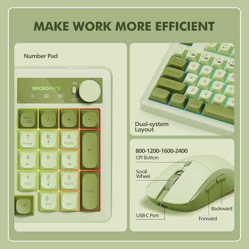 Wireless Keyboard and Mouse Combo Creamy with Number Pad for Desktop Mac iPad Bluetooth/2.4ghz/Wired Rechargeable Light up RGB Quiet Compatible with PC Laptop Tablet (Green) - color: Green