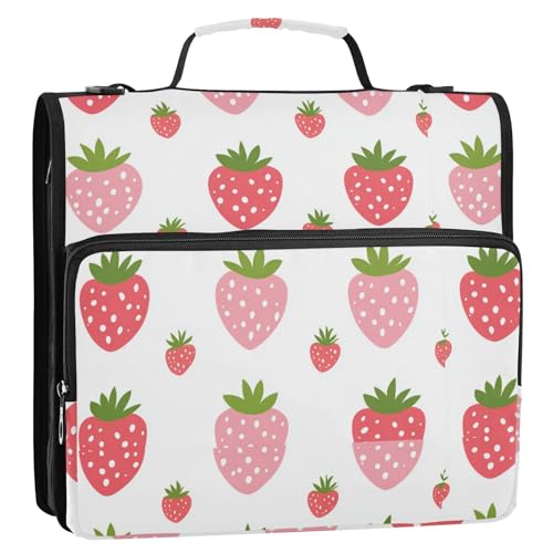 Boccsty Green Leaves Strawberry Zipper Binder 3 Ring Binders Expanding File Folder Multi-Pocket Zipper Binder Organizer for School Shoulder Strap and Handle - color: Multicolored 10