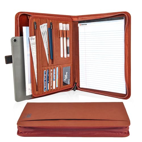 Premium Vegan Leather Padfolio 8.5"x11" Zipper Business Organizer for Legal Pads Brown | PU leather portfolio with storage pockets, fits iPads/legal pads/A4 paper, durable for office, ideal business gift - color: Brown