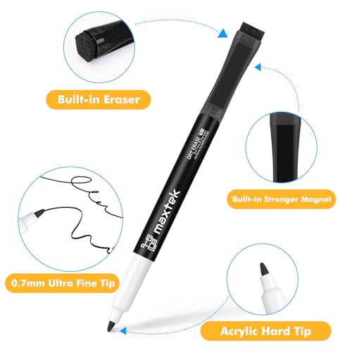 maxtek Magnetic Black Dry Erase Markers with Eraser, Ultra Fine, 6 Count | Low Odor 0.7mm Extra Fine Whiteboard Markers for Planning Whiteboards and Calendar Boards