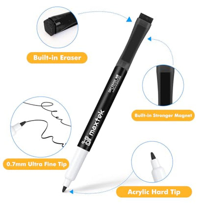maxtek Magnetic Black Dry Erase Markers with Eraser, Ultra Fine, 6 Count | Low Odor 0.7mm Extra Fine Whiteboard Markers for Planning Whiteboards and Calendar Boards