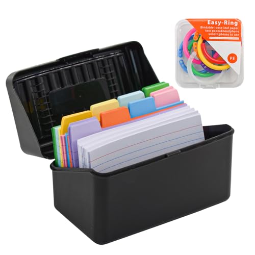 VANRA Index Card Holder 3x5 Flash Card Organizer Case 300 Colored Index Cards Bulk Blank Note Cards with Ring (Black) - color: Black