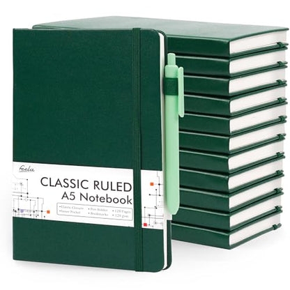 feela 12 Pack Notebooks Journals Bulk with 12 Black Pens, A5 Hardcover Notebook Classic Ruled Journal Set with Pen Holder for School Business Work Travel Writing, 120 GSM, 5.1”x8.3”, Dark Green - color: 12 Pack dark green