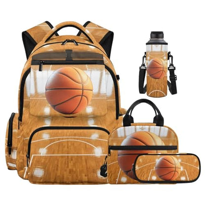 Basketball Backpack for Boys 8-12 Kids Basketball Backpacks for School with Lunch Carrier Water Bottle Pouch and Zipper Pencil Case 4PCS Set Bookbag with Side Pocket 17 inch Back to School - color: Basketball