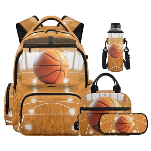 Basketball Backpack for Boys 8-12 Kids Basketball Backpacks for School with Lunch Carrier Water Bottle Pouch and Zipper Pencil Case 4PCS Set Bookbag with Side Pocket 17 inch Back to School - color: Basketball