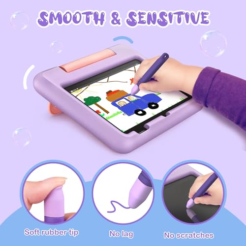 Kid-Friendly Stylus Pens for Touch Screens with Tethers - Mixoo Anti-Rolling Tablet Stylus 2 Pack for Kids, Compatible with iPad, iPhone, Tablets, Kindle and All Touch Screen Devices (Blue+Purple)