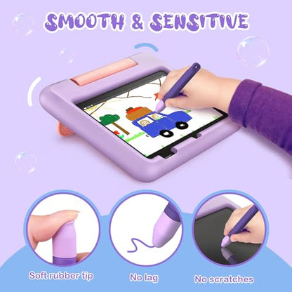 Kid-Friendly Stylus Pens for Touch Screens with Tethers - Mixoo Anti-Rolling Tablet Stylus 2 Pack for Kids, Compatible with iPad, iPhone, Tablets, Kindle and All Touch Screen Devices (Blue+Purple)