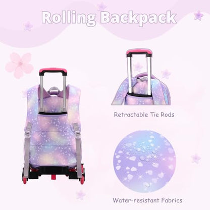 3Pcs Rolling Backpack for Girls Dream Princess Wind Bookbag with Wheels Travel Bag Trolley School Bag with Lunch Box Purple - color: 3 Pcs Purple-2 Wheels, size: 3 Pcs 2 wheels