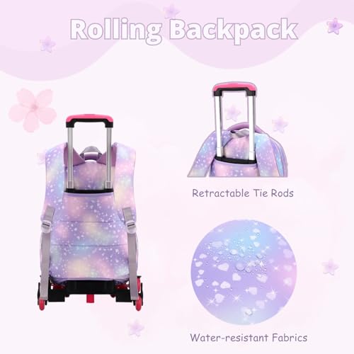 3Pcs Rolling Backpack for Girls Dream Princess Wind Bookbag with Wheels Travel Bag Trolley School Bag with Lunch Box Blue - color: 3 Pcs Blue-2 Wheels, size: 3 Pcs 2 wheels