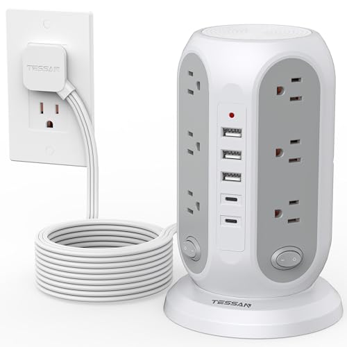 TESSAN Tower Power Strip with Individual Switches, Surge Protector with 12 Outlets, 5 USB Ports(2 USB C), Flat Extension Cord 15 Ft, 1250W, Charging Station for Multiple Devices, Office, Dorm, Grey - color: Grey, size: 15 FT