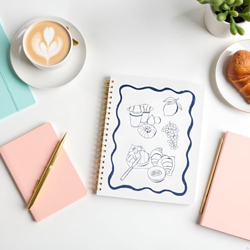 Pearhead Euro Breakfast Hardcover Spiral Notebook, 8x10.5 College-Ruled Lined Journal with Perforated Pages, 200 Pages for Planning, Work & School - color: Blue & White European Vacation Spiral Notebook