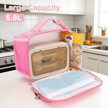 FlowFly Kids Lunch box Insulated Soft Bag Mini Cooer Back to School Thermal Meal Tote Kit for Girls, Boys,Pink - color: Pink#52