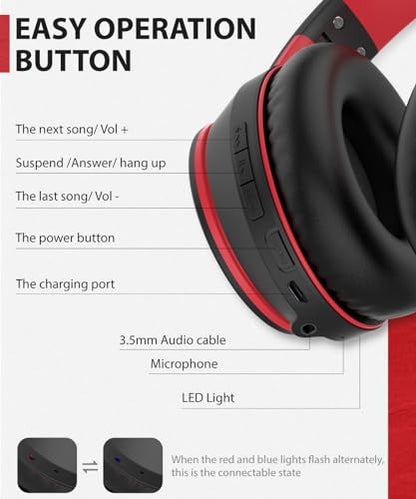 rockpapa E7 Over Ear Wireless Bluetooth Headphones with Mic, Foldable Wired/Wireless Headphones with Microphone for Kids Childrens Boys Girls Teen Youth Adult Black Red - color: Black Red, style: without Case