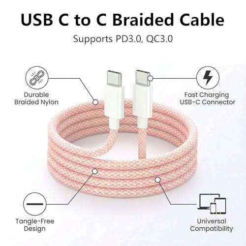 USB C to C Charger Cable, 60W, 3FT, 2-Pack, Pink | Fast Charging, Braided Nylon, for iPhone 17/16/15, MacBook iPad, Galaxy S25/S24 - color: Pink, size: 3FT+3FT