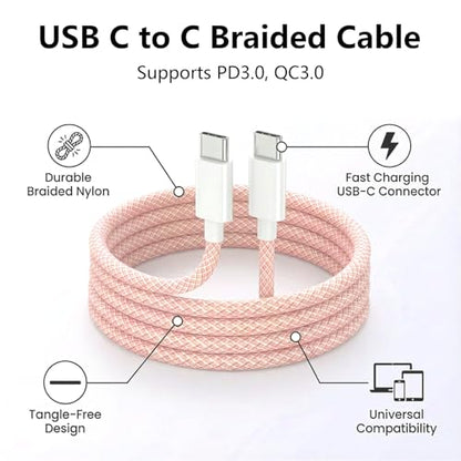 USB C to C Charger Cable, 60W, 3FT, 2-Pack, Pink | Fast Charging, Braided Nylon, for iPhone 17/16/15, MacBook iPad, Galaxy S25/S24 - color: Pink, size: 3FT+3FT