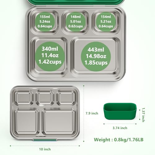 Pawtong Stainless Steel Lunch Box, 5-Compartment Bento Lunch Box for Kids & Adults,Metal Lunch Box with Removable Silicone Container, Lunch Box Containers for School,Office(Green) - color: Green