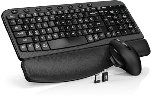 SABLUTE Wireless Keyboard and Mouse Combo with Ergonomic Wave Key | Leather Soft Palm Rest, 2.4G Full Size, 6-Button Mouse, 4-Level DPI, USB-A/C, MA12 Silent Set for PC, Laptop, Windows, macOS - color: Modern Black