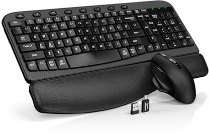 SABLUTE Wireless Keyboard and Mouse Combo with Ergonomic Wave Key | Leather Soft Palm Rest, 2.4G Full Size, 6-Button Mouse, 4-Level DPI, USB-A/C, MA12 Silent Set for PC, Laptop, Windows, macOS - color: Modern Black