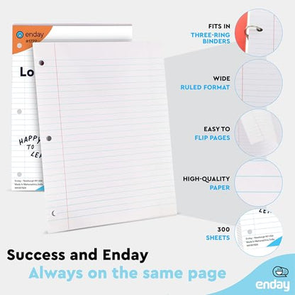 Loose Leaf Paper Notebook Paper, 8" x 10.5" Filler Paper White, 3 Hole Punched Binder Paper for 3 Ring Binders, Lined Paper 150 Sheets Per Pack - By Enday - size: 2 Pack