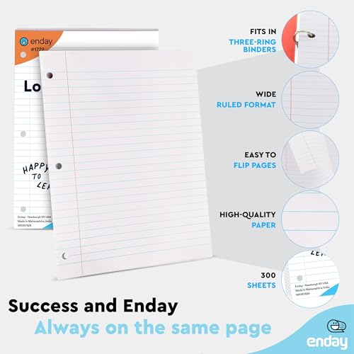 Loose Leaf Paper Bulk, 1800 Sheets, Wide Ruled, (12 Pack) 150 Sheets Per Pack, 8" x 10.5" White Filler Paper, 3 Hole Punched Binder Paper for 3 Ring Binders, Notebook Paper - By Enday - size: 12 Pack