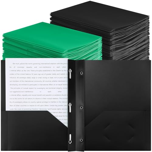 Cholemy 72 Packs Pocket Folders with Prongs Heavy Duty Plastic Folder with Business Card Slot 3 Prong Fasteners for School Office (Black,Green) - color: Black, Green