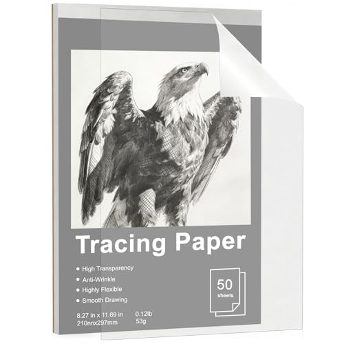WRJIANGFA Tracing Paper Pad, 50 Sheets, A4 Size 8.27x11.69 Inches, High Transparency, Anti-Wrinkle, 53gsm, for Artists, Architects, Students