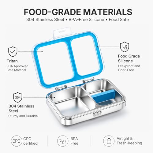 Leak-Resistant 18/8 Stainless Steel Bento Lunch Box Kids 7+ and Adults | 2 Swappable Style Accessories, BPA-Free Tritan Lid, Dishwasher Safe, School, Office & Travel - color: Blue
