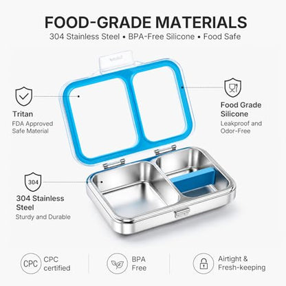 Leak-Resistant 18/8 Stainless Steel Bento Lunch Box Kids 7+ and Adults | 2 Swappable Style Accessories, BPA-Free Tritan Lid, Dishwasher Safe, School, Office & Travel - color: Blue