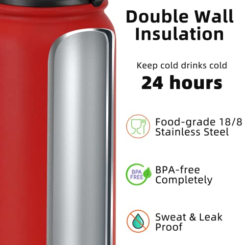 Fanhaw 20 Oz Kids Insulated Stainless Steel Water Bottle with Straw Lid, Leakproof & Anti-Dust Everyday Use Bottle for School, Women & Men, Back to School Essentials (Red) - color: Red, style: 20 Ounces