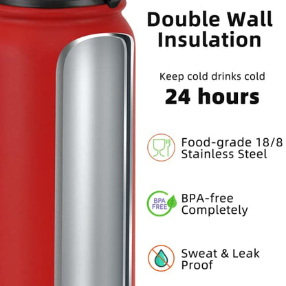 Fanhaw 20 Oz Kids Insulated Stainless Steel Water Bottle with Straw Lid, Leakproof & Anti-Dust Everyday Use Bottle for School, Women & Men, Back to School Essentials (Red) - color: Red, style: 20 Ounces
