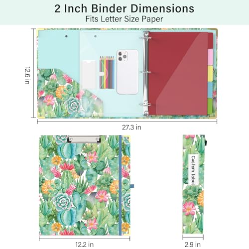 3 Ring Binder 2 Inch for Letter Size 8.5" x 11" Paper, Clipboard Binder with 5 Tabbed Dividers with Pockets, Plastic Folder and 40 Divider Stickers, School and Office Supplies, Cactus Flowers - color: Cactus Flowers, size: 2 Inch