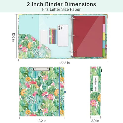3 Ring Binder 2 Inch for Letter Size 8.5" x 11" Paper, Clipboard Binder with 5 Tabbed Dividers with Pockets, Plastic Folder and 40 Divider Stickers, School and Office Supplies, Cactus Flowers - color: Cactus Flowers, size: 2 Inch