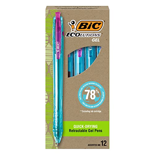 BIC Ecolutions Ocean-Bound Plastic Gel Pens, Medium Point (0.7 mm), 12-Count Pack, Retractable Assorted Ink Pens Made from 78% Ocean-Bound Recycled Plastic Excluding Ink Cartridge - color: Pink, Light Blue, Red, Purple