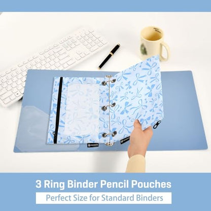 Blue Bow Ribbon Pencil Pouch for 3 Ring Binder 2 Pcs Binder Pouches with Zipper Pocket Pencil Case Bag with Clear Window for Office Work School Supplies - color: Blue Bow Ribbon