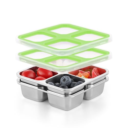 BEFOY 4 Pack Stainless Steel Snack Containers with Lids 4 Compartment Food Storage Containers for Adults & Kids Meal Prep Containers Reusablele (Green, 2) - color: Green, size: 2
