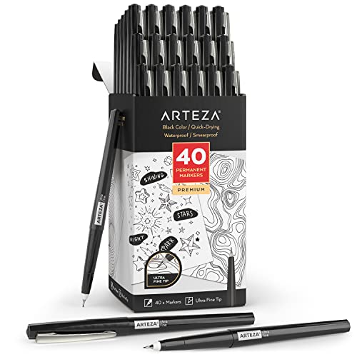 ARTEZA Permanent Markers, 40 Black Pens, Ultra-Fine Tip Paint Pens, Quick-Drying, Water Resistant, for Calligraphy and Note Taking, Office, Classroom - style: Ultra-Fine Tip