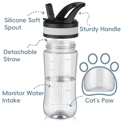 14oz Clear Kids Water Bottle with Straw Lid, BPA-Free Tritan, Measurement Scale, Sturdy Handle Wide Mouth Leak-proof Reusable Plastic Bottle for Boy& Girls, Back to School（Clear） - color: Clear