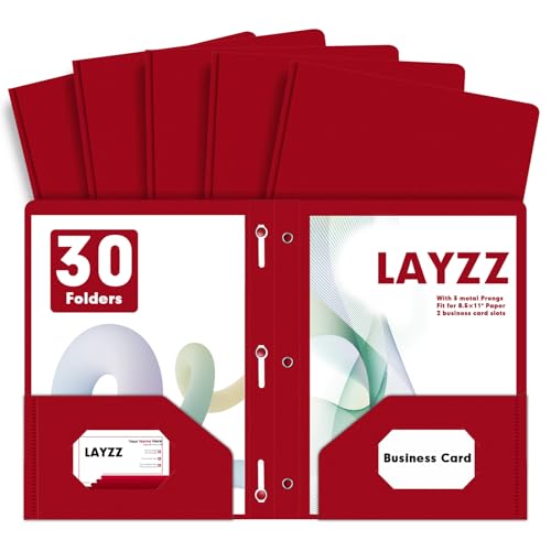 Plastic 2 Pocket Folders with Prongs, 30 Pack, Heavyweight, Letter Size Poly Folders with 3 Metal Prongs Fastener Clips (Red) - color: Red