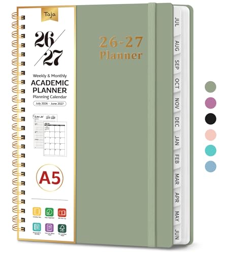 Planner 2026-2027, 6.3" x 8.5" Weekly and Monthly Academic Year Planner Calendar, July 2026 - June 2027, Hardcover Large School Planning Agenda With Tabs, Perfect for School & Office Supplies, A5, Green - color: A-Green, size: A5(6.3"x8.5")