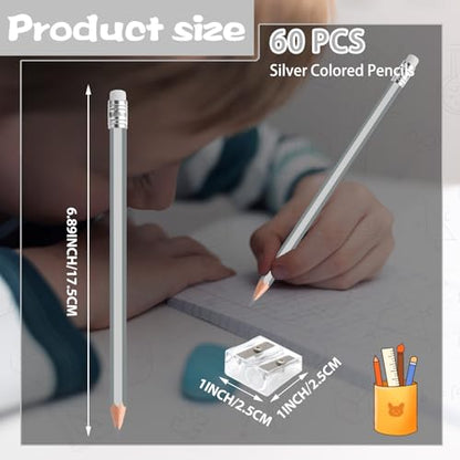 60 PCS Silver Pencils Bulk with Eraser, Pre-Sharpened HB Pencils for Writing & Drawing, School Supplies for Kids Homework, Tests, Art Crafts & Teacher Grading (Silver) - color: silver
