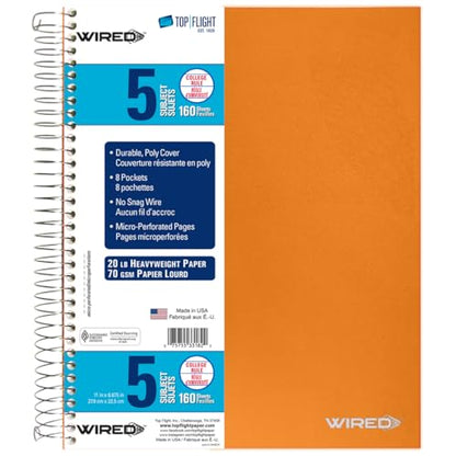 Top Flight Wired 5-Subject Wirebound Notebook with 8 Pockets, 160 Sheets, College Rule, 11 x 8.875 Inches, 1 Notebook, Cover May Vary (33182)