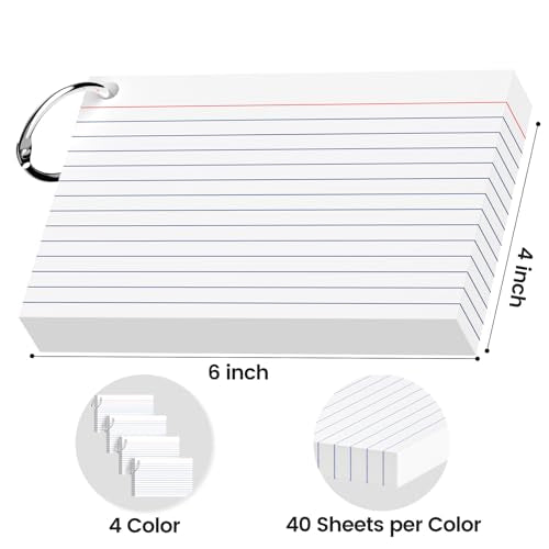 160-Pack White Index Cards 4x6 Inch w/Key Ring – 180gsm Heavyweight Flashcards – Flash Cards Study & Note Cards – Perfect for Study, Notes & Memory, Students School Supplies - color: 4x6" White 4-Pack