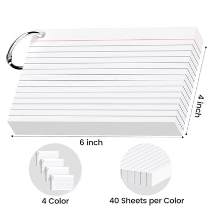 160-Pack White Index Cards 4x6 Inch w/Key Ring – 180gsm Heavyweight Flashcards – Flash Cards Study & Note Cards – Perfect for Study, Notes & Memory, Students School Supplies - color: 4x6" White 4-Pack